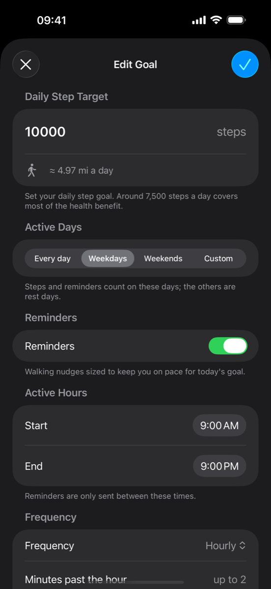 Goal editor: 10,000 steps on weekdays, reminders hourly at :45 between 9 AM and 9 PM